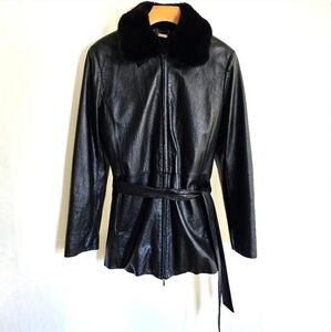 Danier Womens Leather Jacket with Faux Fur Collar Trim & Belt